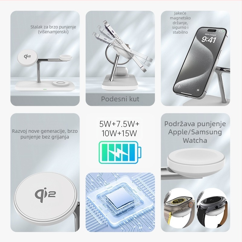 Qi2 magnetsko-bežični punjački držač 15W – 3-u-1, QC3.0 brzo punjenje, magnetsko usklađivanje, izlaz 1.67A