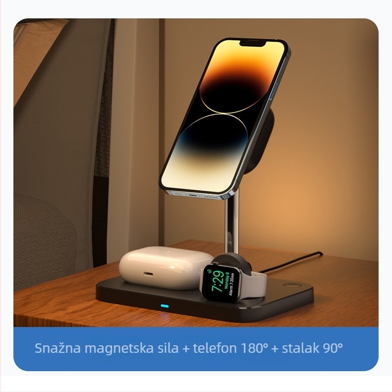 3-u-1 magnetski bežični punjač s ventilatorom za hlađenje za iPhone, slušalice i sat; PD protokol; ukupna snaga 22.5W (15+5+2.5W)
