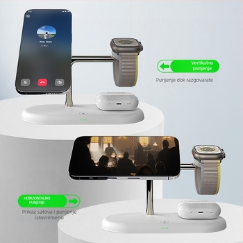 3-in-1 magnetska bežična stanica za punjenje s noćnim svjetlom — metalna konstrukcija, ukupna snaga 25W, QC3.0 brzo punjenje, kompatibilno s Apple i Samsung