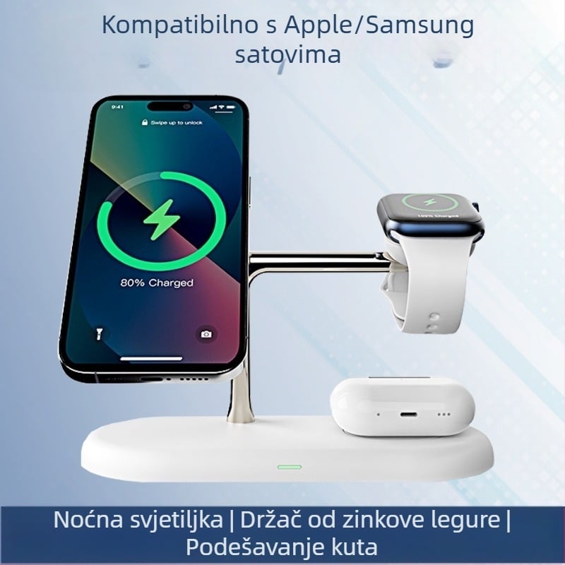 3-in-1 magnetska bežična stanica za punjenje s noćnim svjetlom — metalna konstrukcija, ukupna snaga 25W, QC3.0 brzo punjenje, kompatibilno s Apple i Samsung