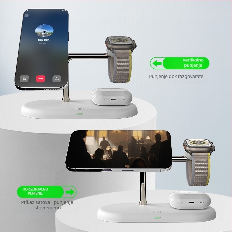 3-in-1 magnetska bežična stanica za punjenje s noćnim svjetlom — metalna konstrukcija, ukupna snaga 25W, QC3.0 brzo punjenje, kompatibilno s Apple i Samsung