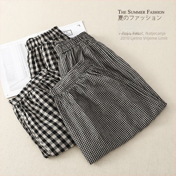 Ženske vintage lanene karirane cropped bloomers hlače, ležerni retro stil, 70–80% laneno, proljeće-ljeto 2025