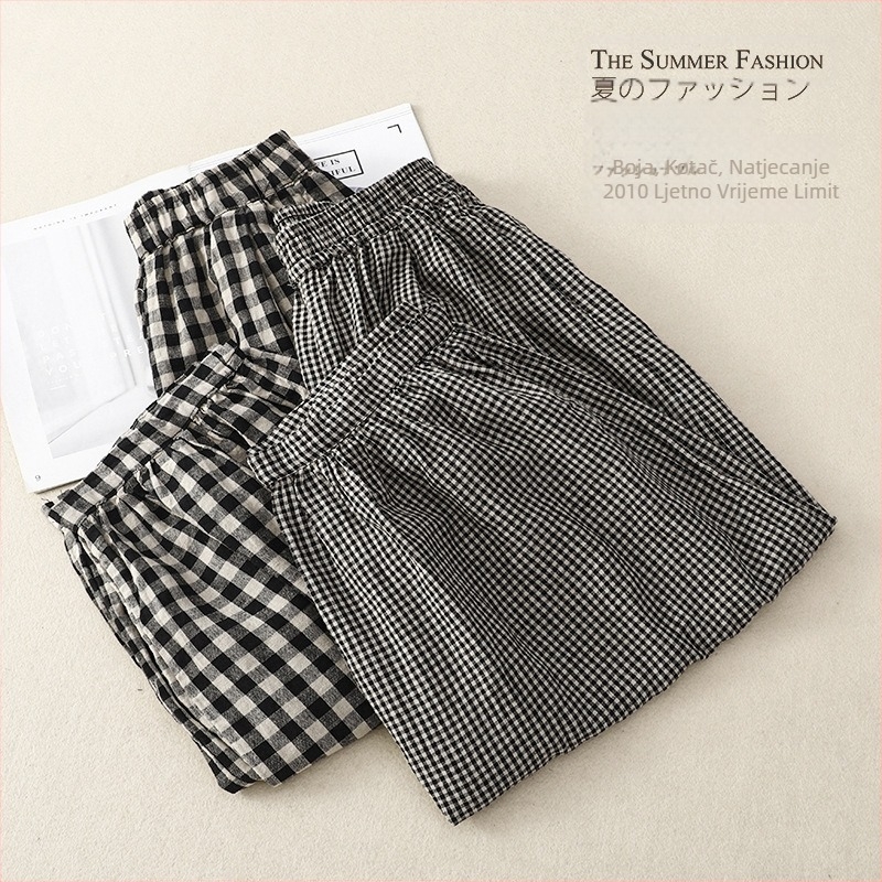 Ženske vintage lanene karirane cropped bloomers hlače, ležerni retro stil, 70–80% laneno, proljeće-ljeto 2025