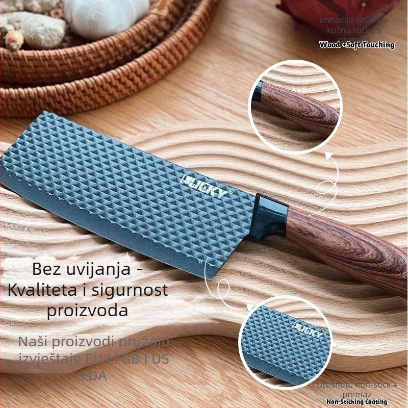 6-dijelni set kuhinjskih noževa s dijamantnim uzorkom oštrice, dvostruki premaz protiv ljepenja, čelik 3CR14, držač od ABS-a s drvenim uzorkom (uključuje kuhački nož i škare)