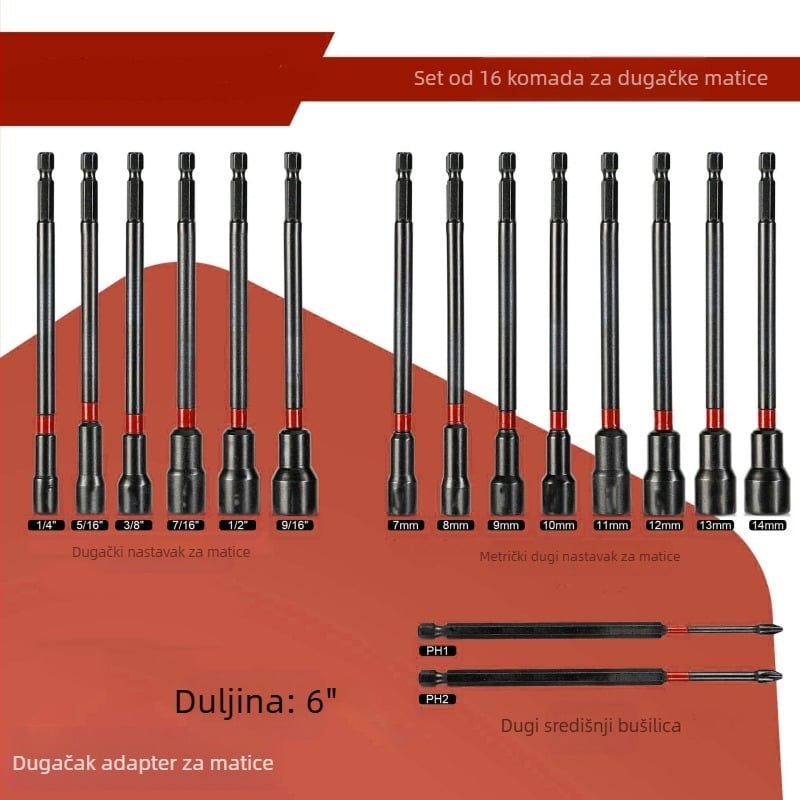 Magnetski set odvijača za matice, dugi odvijači za matice, 16–21 kom, S2 legura čelika, neto težina 1,17
