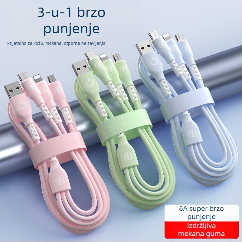 Kabel za podatke s brzim punjenjem, 1-na-3 višestruki priključak, Huawei Type-C kompatibilan; sučelja: Lightning, Micro USB, Type-C; duljina 1,2 m; materijal: TPE.