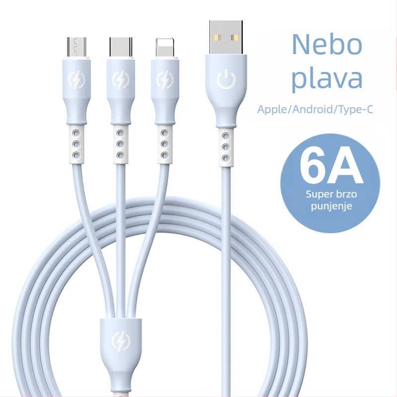 Kabel za podatke s brzim punjenjem, 1-na-3 višestruki priključak, Huawei Type-C kompatibilan; sučelja: Lightning, Micro USB, Type-C; duljina 1,2 m; materijal: TPE.