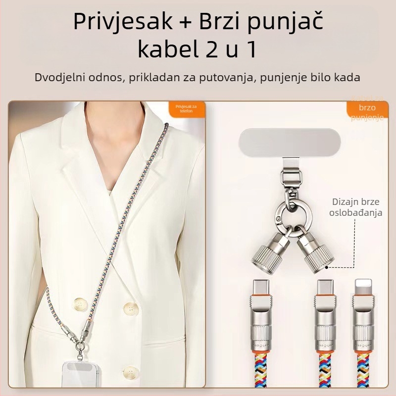 Soson 2-u-1 lanyard kabel za podatke USB-C i Lightning, pleteni, PD60W brzo punjenje, kopča od cinkovog legura