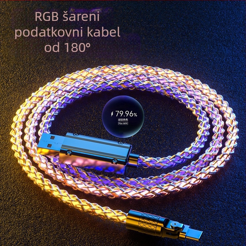 3-u-1 kabel za brzo punjenje i prijenos podataka (Lightning/Micro USB/Type-C), kućište od cinkove legure, rotirajući 90° priključak, LED svjetlo s gradijentom, do 120W