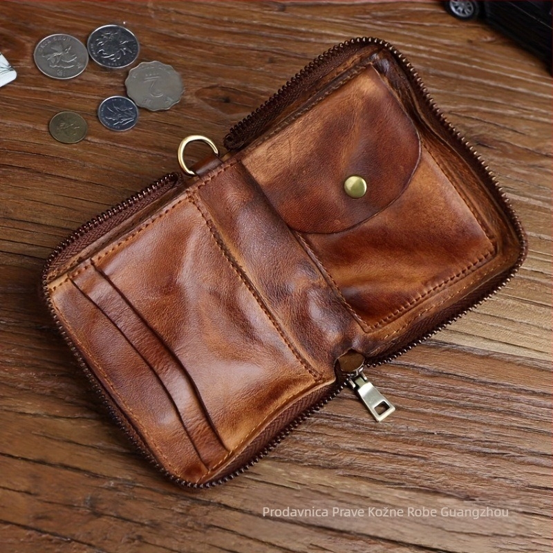 Ručni novčanik od kože goveda s biljnim taninskim obradom, sa zatvaračem, retro stil, ženski novčanik, kožna podstava