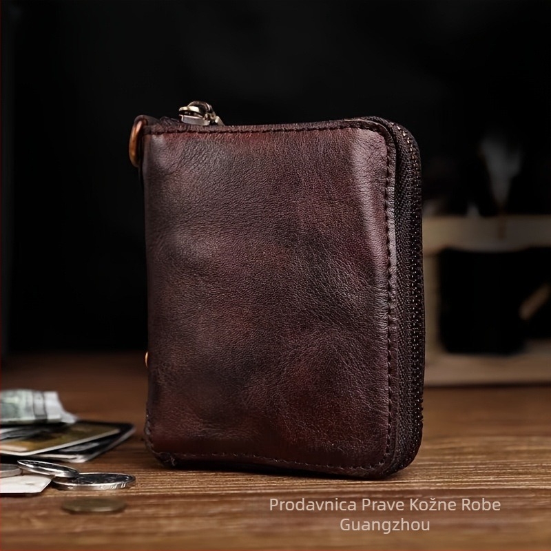 Ručni novčanik od kože goveda s biljnim taninskim obradom, sa zatvaračem, retro stil, ženski novčanik, kožna podstava