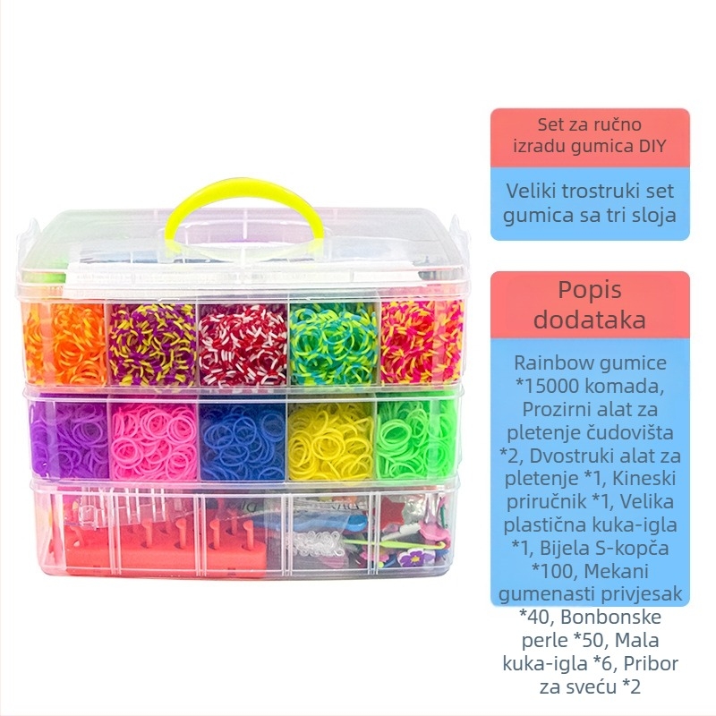 Pletene gumene trake igračka — velika trostruka konstrukcija, 15000 gumica; Materijal: TPR; Pogodno za uzrast 7–14; Razvija vid, intelektualni razvoj i koordinaciju ruka-oko.