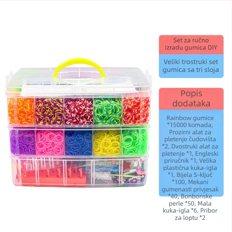 Pletene gumene trake igračka — velika trostruka konstrukcija, 15000 gumica; Materijal: TPR; Pogodno za uzrast 7–14; Razvija vid, intelektualni razvoj i koordinaciju ruka-oko.