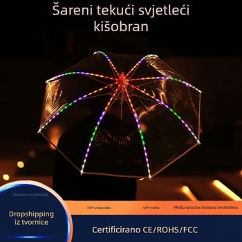 LED kišobran s efektom vatrometa i svjetlećim tokom boja, čelični okvir, 190T platno, duga drška, hippie stil