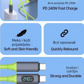 Type-C kabel za podatke s digitalnim zaslonom, 240W brzo punjenje, jednostruki konektor, PVC