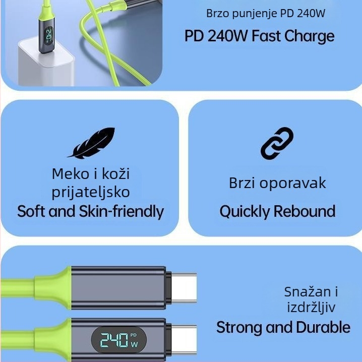 Type-C kabel za podatke s digitalnim zaslonom, 240W brzo punjenje, jednostruki konektor, PVC