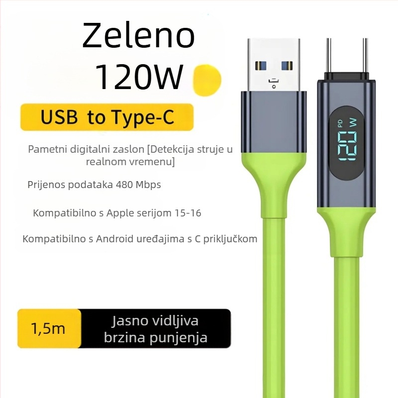 Type-C kabel za podatke s digitalnim zaslonom, 240W brzo punjenje, jednostruki konektor, PVC