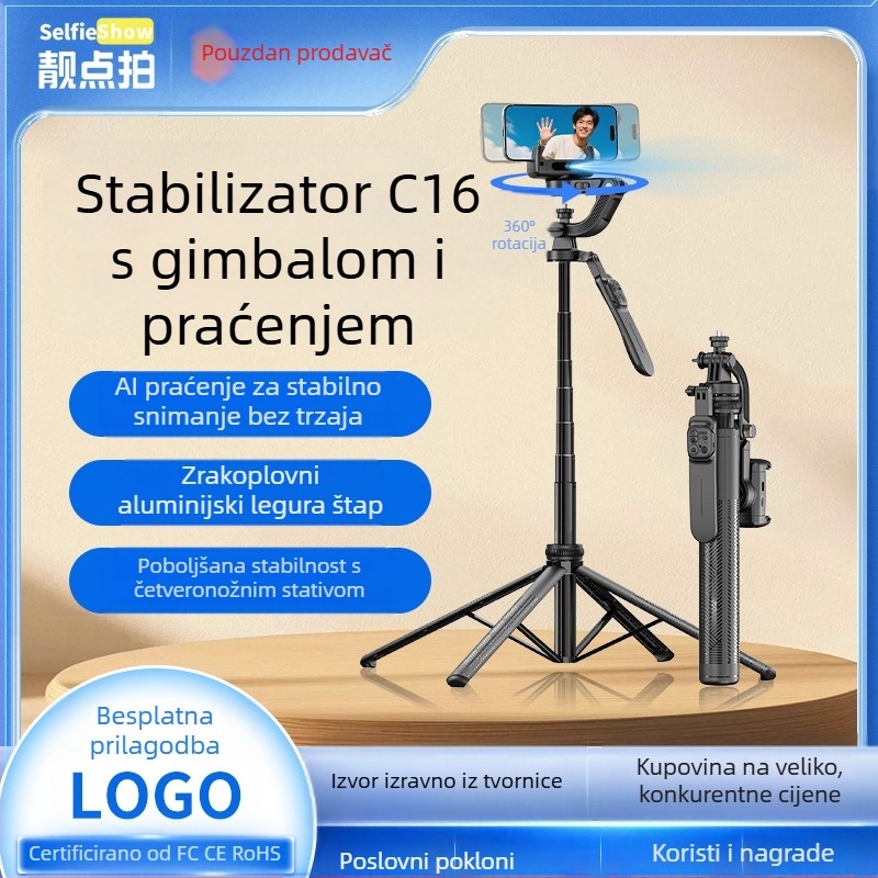 Ručni stabilizator C16 — 360° panoramski gimbal, praćenje lica, držač za telefon; ABS + aluminijska legura, Bluetooth, daljinski upravljač