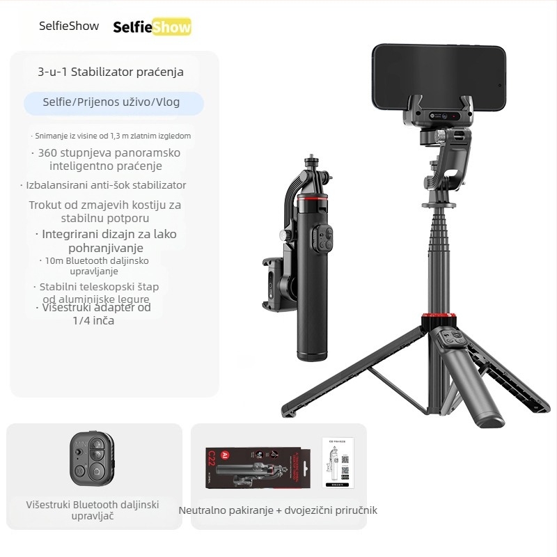 Ručni stabilizator C16 — 360° panoramski gimbal, praćenje lica, držač za telefon; ABS + aluminijska legura, Bluetooth, daljinski upravljač