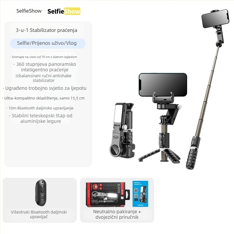 Ručni stabilizator C16 — 360° panoramski gimbal, praćenje lica, držač za telefon; ABS + aluminijska legura, Bluetooth, daljinski upravljač