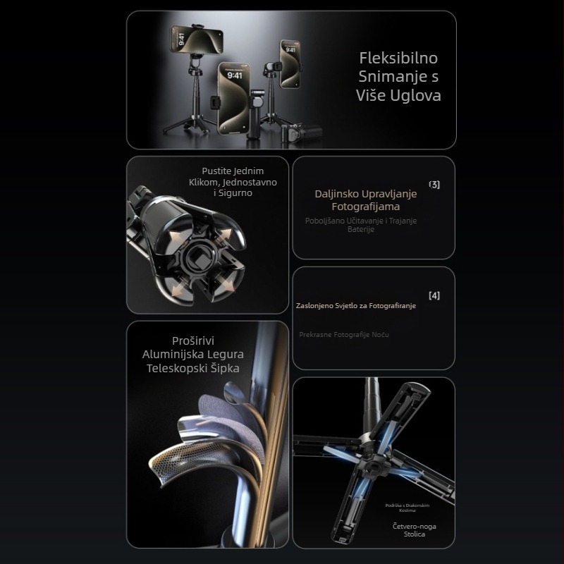 Aluminijski Bluetooth selfie štap s tripodom i daljinskim upravljačem – prijenosni držač za mobitel za live streaming