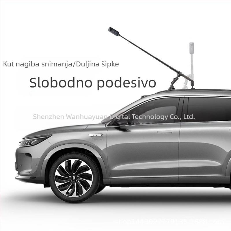 Automobilski držač s vakuumskim postoljem i selfie štapom, kompatibilan s Insta360 X3, GoPro i DJI Action — treća perspektiva snimanja