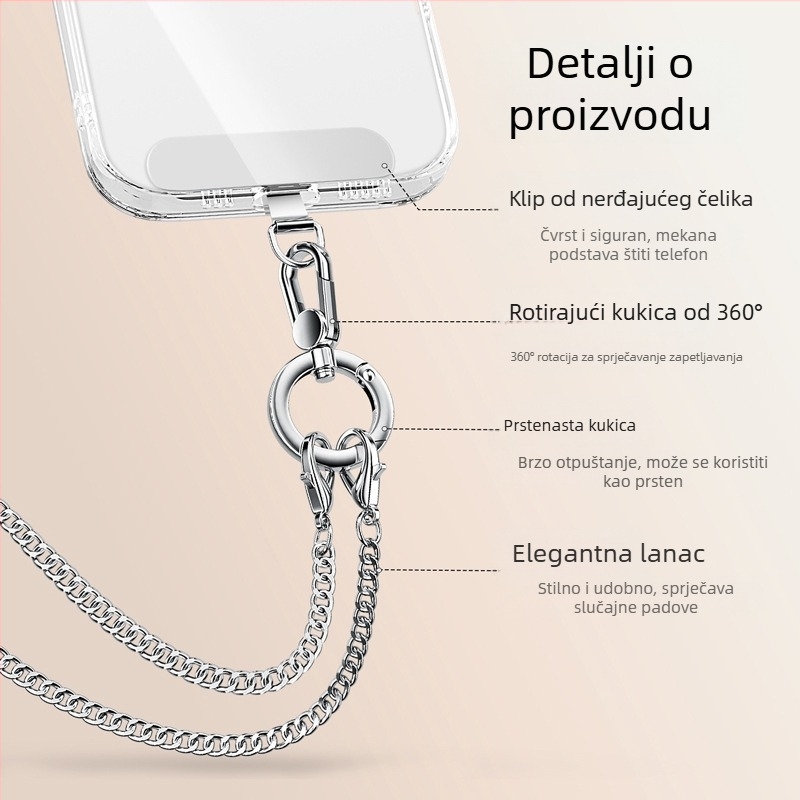 Lančić za mobitel s metalnim remenom i metalnom kopčom, elektroplatirani završetak, unisex, metalni klip