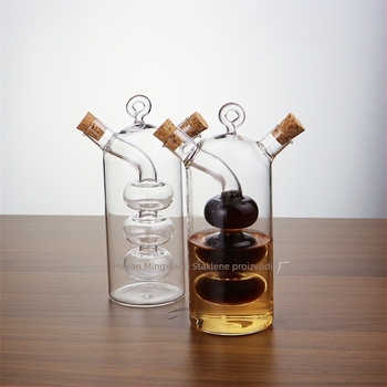 Dvostruki stakleni posuda za ulje s pluto čepom, dvostruka namjena za ulje i umak, moderan minimalistički stil, mogućnost tiskanja loga