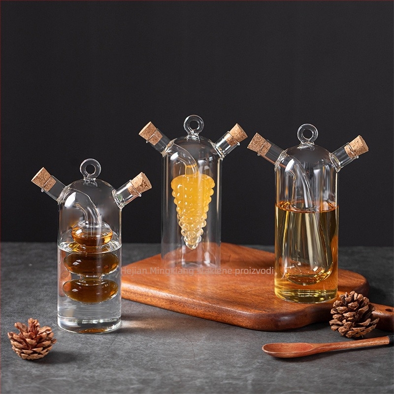 Dvostruki stakleni posuda za ulje s pluto čepom, dvostruka namjena za ulje i umak, moderan minimalistički stil, mogućnost tiskanja loga