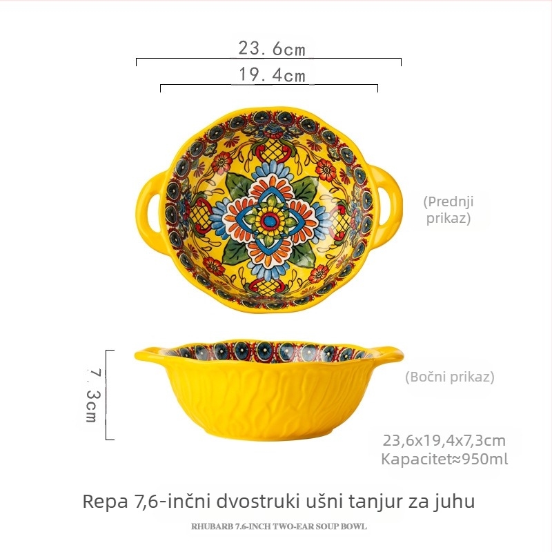 Boemska porcelinska zdjela s dvije ručke, cvjetni uzorak, okrugla, retro stil