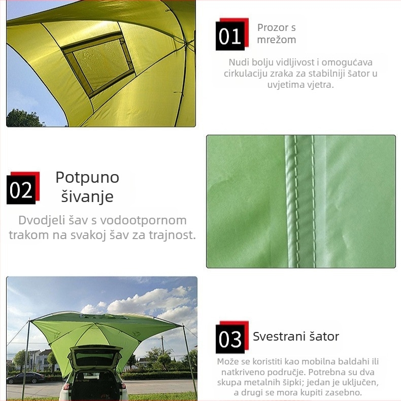 Automobilska bočna šator, prenosna, vanjska tkanina od poliestera, okvir od stakloplastike, vodootpornost 1500–2000 mm, težina oko 2,7 kg