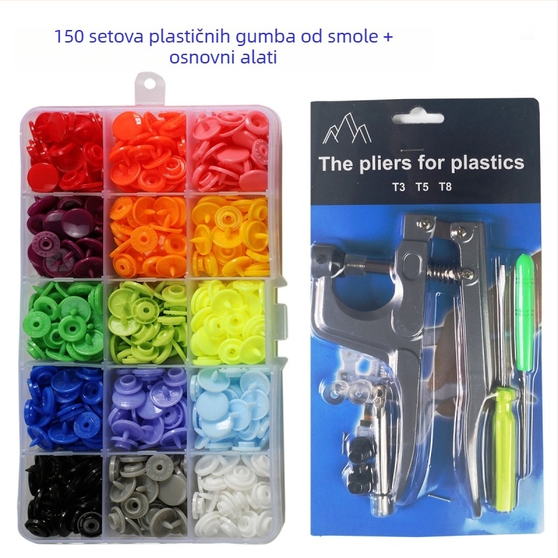 T5 set gumbi od smole, s četiri zatvarača, u kutiji, s alatom, za pletene odjevne komade, 360 i 150 komada