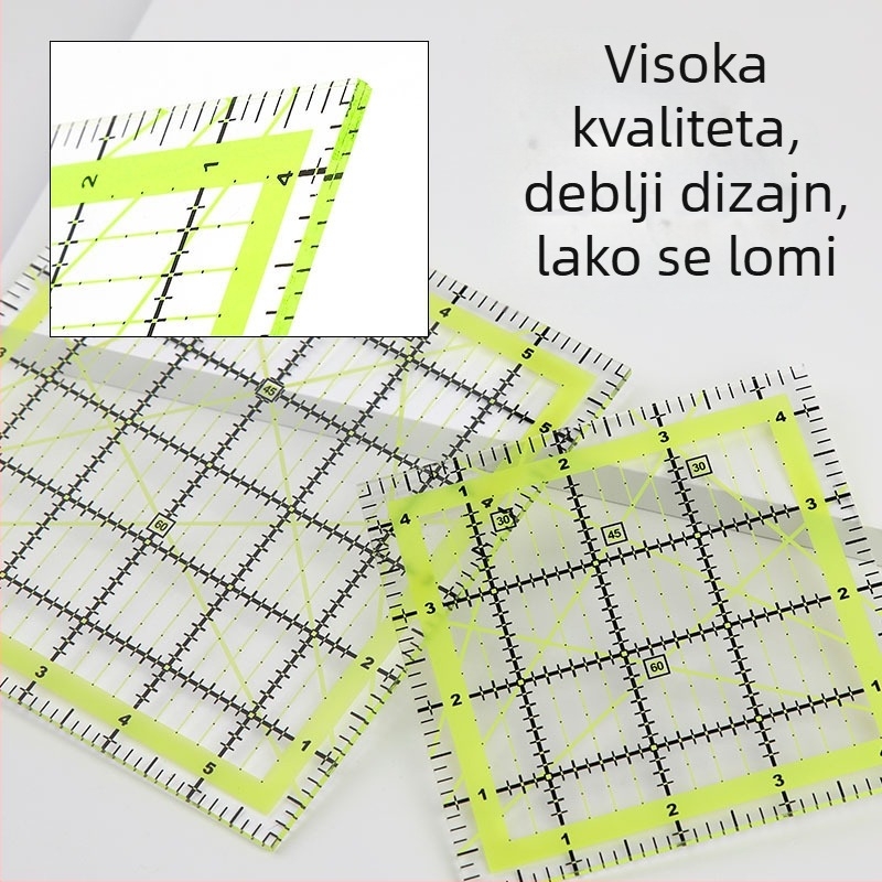 Uglovni ravnalo za patchwork, plastično, s inčnom mjernom skalom i dvobojnim mrežnim linijama za quiltanje