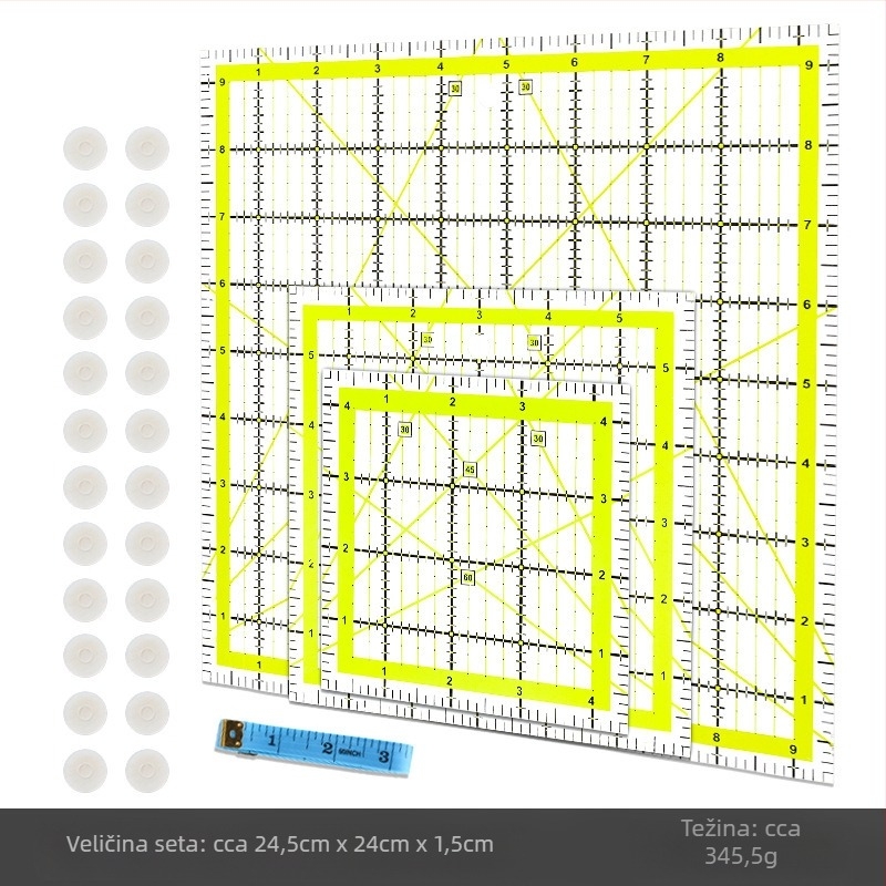 Uglovni ravnalo za patchwork, plastično, s inčnom mjernom skalom i dvobojnim mrežnim linijama za quiltanje