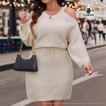 Haljina-pulover s otvorenim ramenima i vezicom, dugi rukavi, ležeran kroj (mješavina akrila i poliestera; bez ovratnika; pulover; dugi rukavi; ležeran kroj)