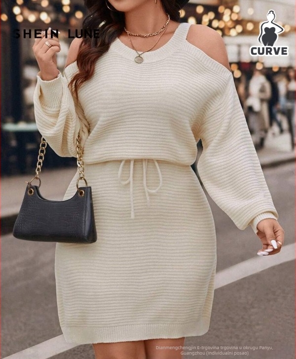 Haljina-pulover s otvorenim ramenima i vezicom, dugi rukavi, ležeran kroj (mješavina akrila i poliestera; bez ovratnika; pulover; dugi rukavi; ležeran kroj)