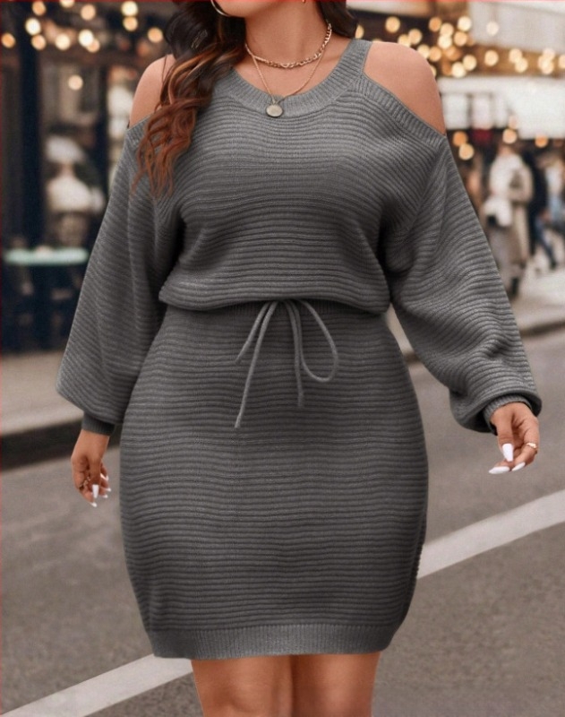 Haljina-pulover s otvorenim ramenima i vezicom, dugi rukavi, ležeran kroj (mješavina akrila i poliestera; bez ovratnika; pulover; dugi rukavi; ležeran kroj)