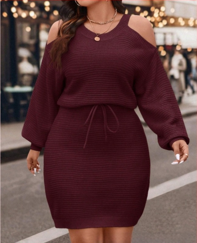 Haljina-pulover s otvorenim ramenima i vezicom, dugi rukavi, ležeran kroj (mješavina akrila i poliestera; bez ovratnika; pulover; dugi rukavi; ležeran kroj)