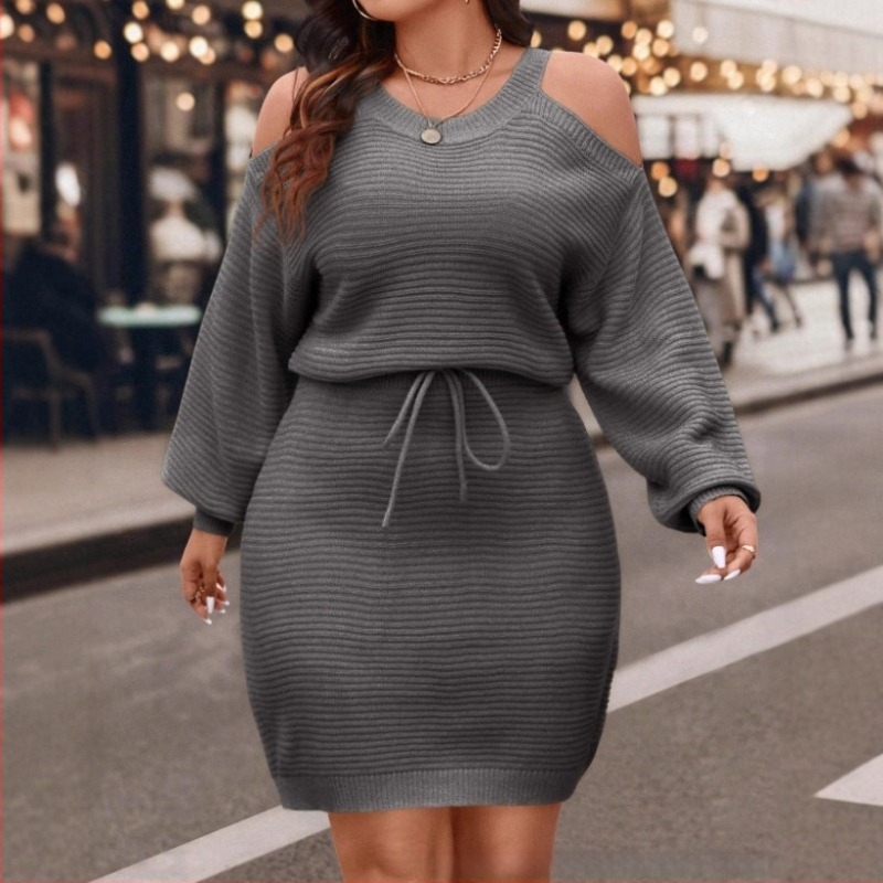 Haljina-pulover s otvorenim ramenima i vezicom, dugi rukavi, ležeran kroj (mješavina akrila i poliestera; bez ovratnika; pulover; dugi rukavi; ležeran kroj)