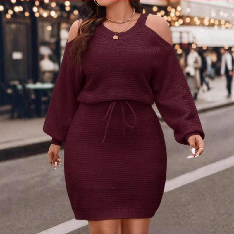 Haljina-pulover s otvorenim ramenima i vezicom, dugi rukavi, ležeran kroj (mješavina akrila i poliestera; bez ovratnika; pulover; dugi rukavi; ležeran kroj)