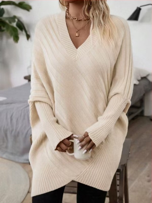 Pulover s V-izrezom, bat rukavi, slobodan kroj, Arctic velvet tkanina (polyester i akril)