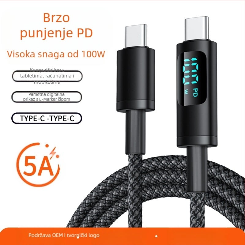 hc USB-C PD kabel za brzo punjenje s digitalnim zaslonom, 100W, pleteni kabel, USB-C konektor s jednim krajem