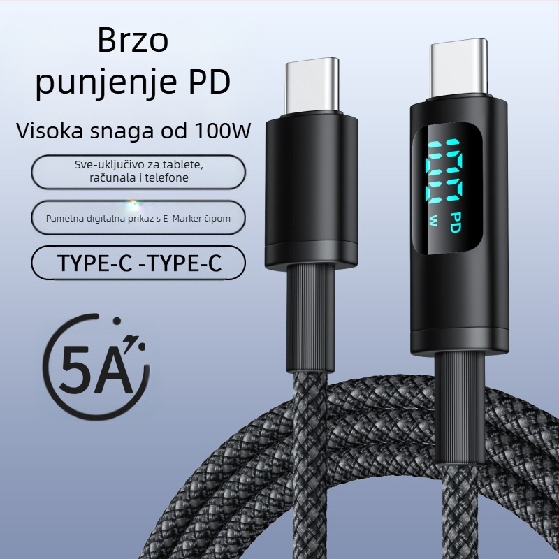 hc USB-C PD kabel za brzo punjenje s digitalnim zaslonom, 100W, pleteni kabel, USB-C konektor s jednim krajem