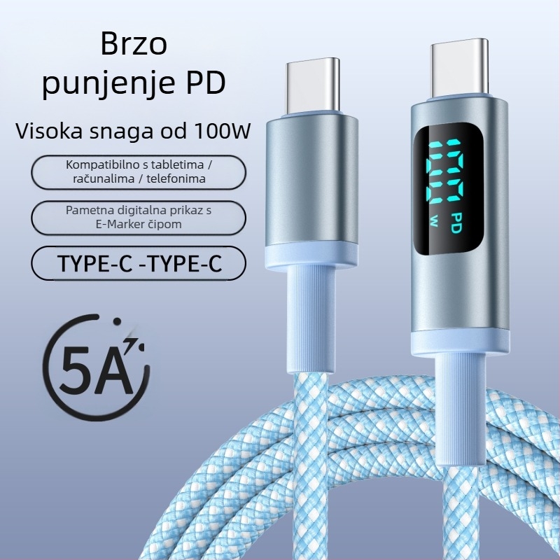 hc USB-C PD kabel za brzo punjenje s digitalnim zaslonom, 100W, pleteni kabel, USB-C konektor s jednim krajem