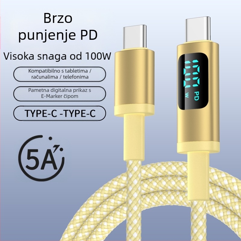 hc USB-C PD kabel za brzo punjenje s digitalnim zaslonom, 100W, pleteni kabel, USB-C konektor s jednim krajem