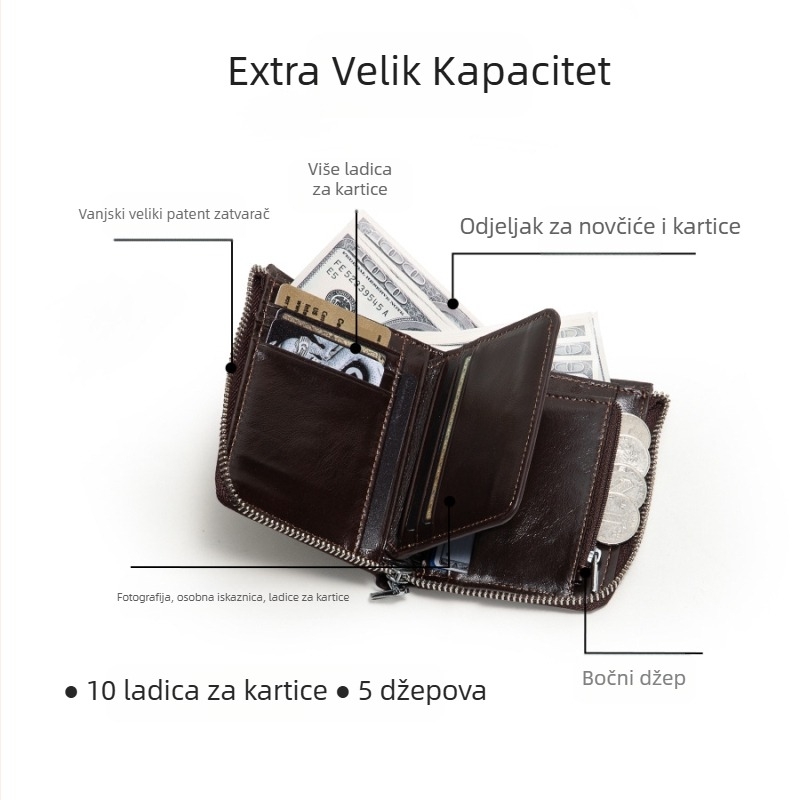 Novčanik od prave kože, koža prvog sloja, podstava od kože, gradski stil jednostavnosti, funkcija protiv krađe