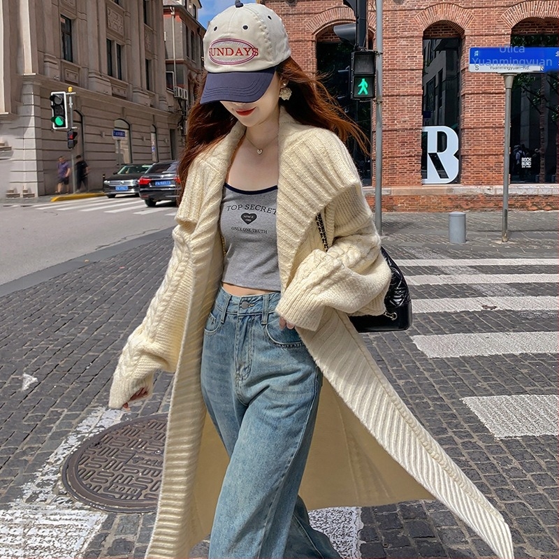 Kardigan bez ovratnika, debeli pleteni s 3D uzorkom i jednim gumbom