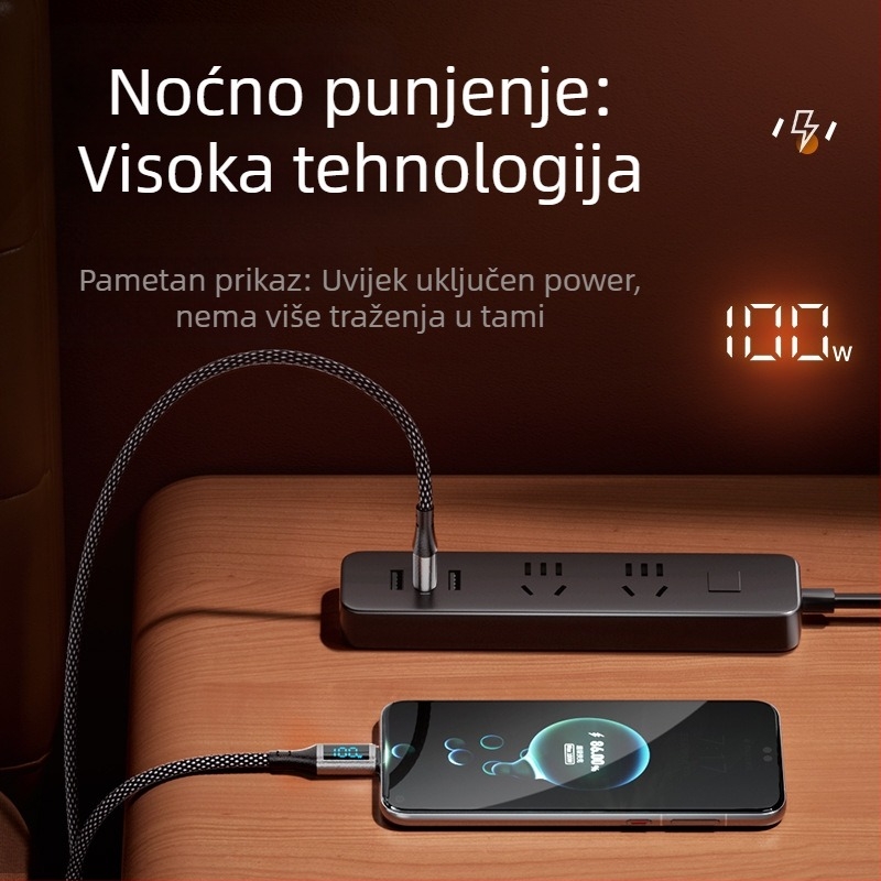 100W kabel za brzo punjenje s digitalnim zaslonom, Lightning i USB-C, aluminijska legura