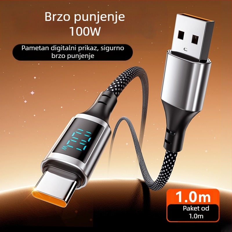 100W kabel za brzo punjenje s digitalnim zaslonom, Lightning i USB-C, aluminijska legura