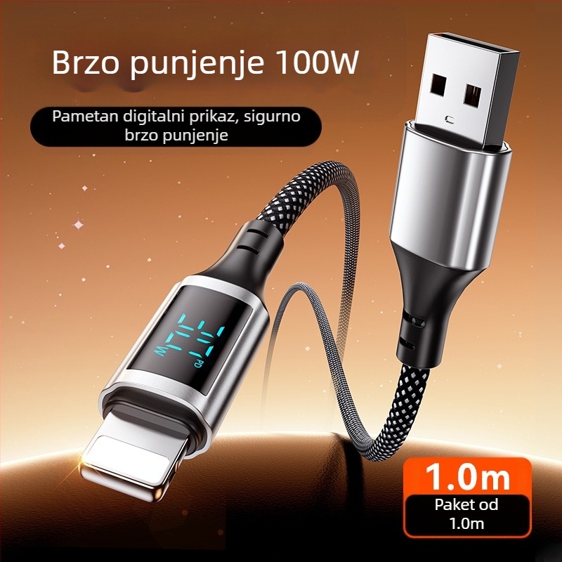 100W kabel za brzo punjenje s digitalnim zaslonom, Lightning i USB-C, aluminijska legura